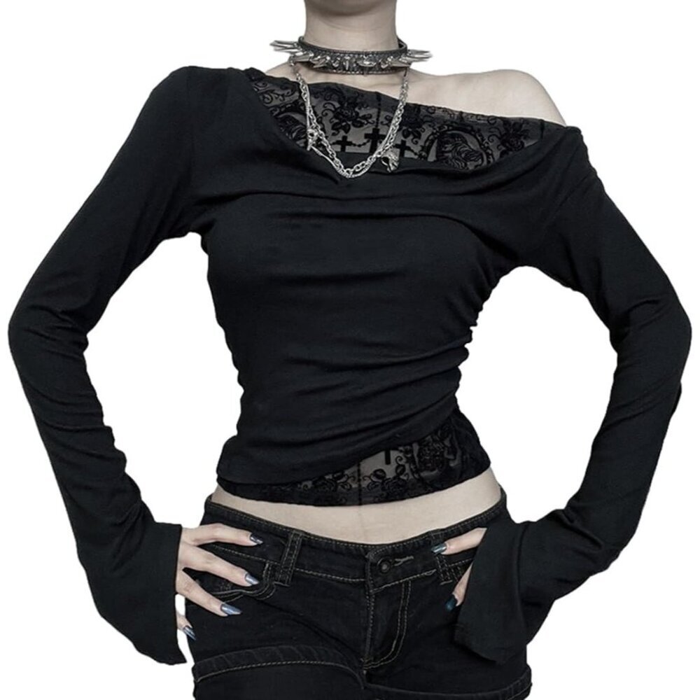 Women's Gothic Mesh Crop Top Off Shoulder Long Sleeve Y2K Streetwear